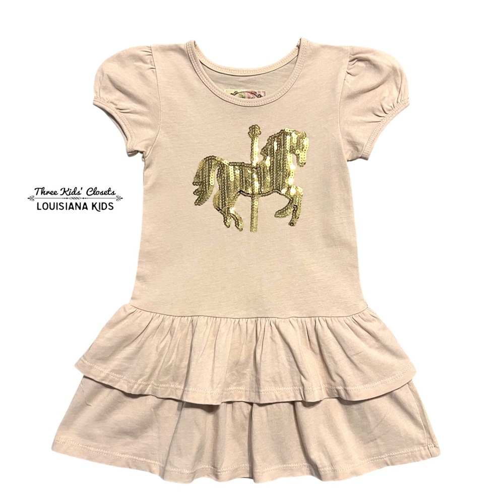 Mia Joy by Joyfolie 2Y Pink & Gold Sequin Carousel Horse Ruffle Dress